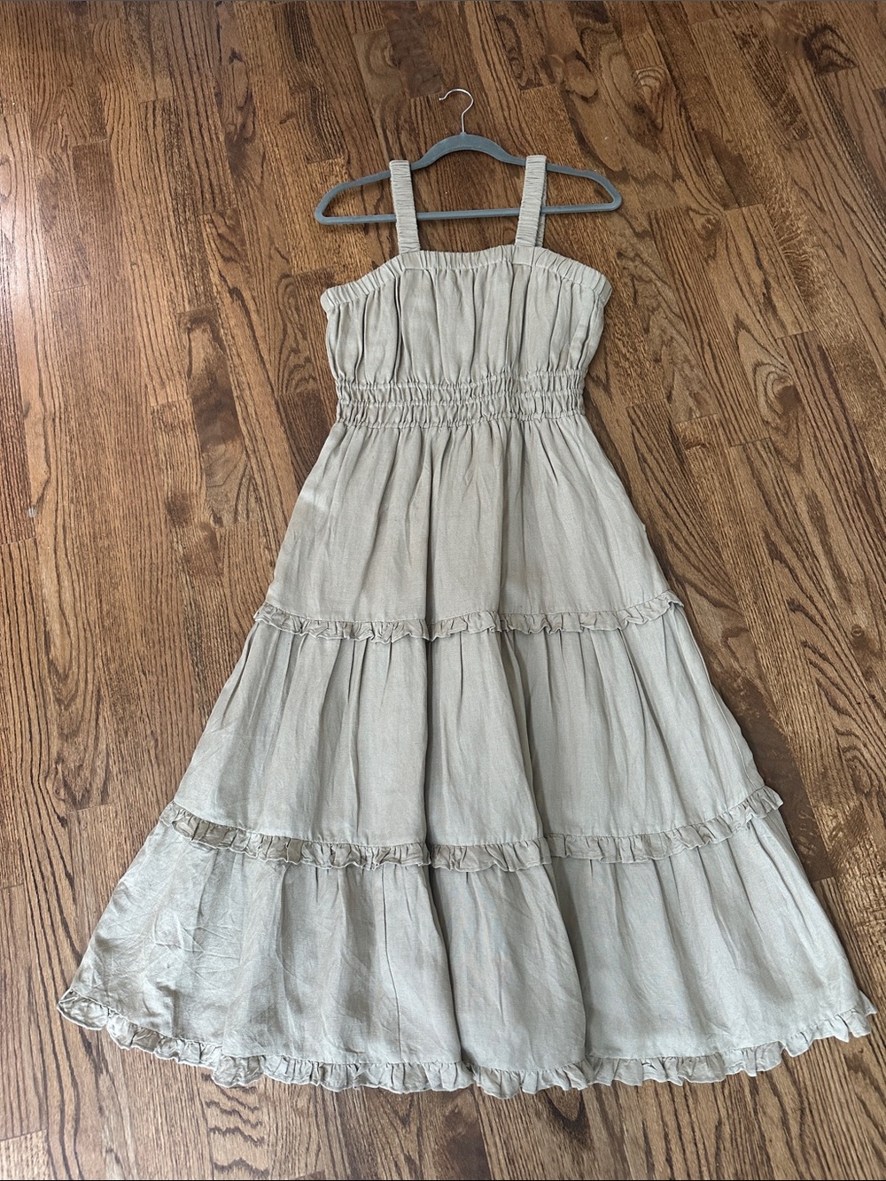 Elan Beige Smocked Tiered Ruffle Midi Dress